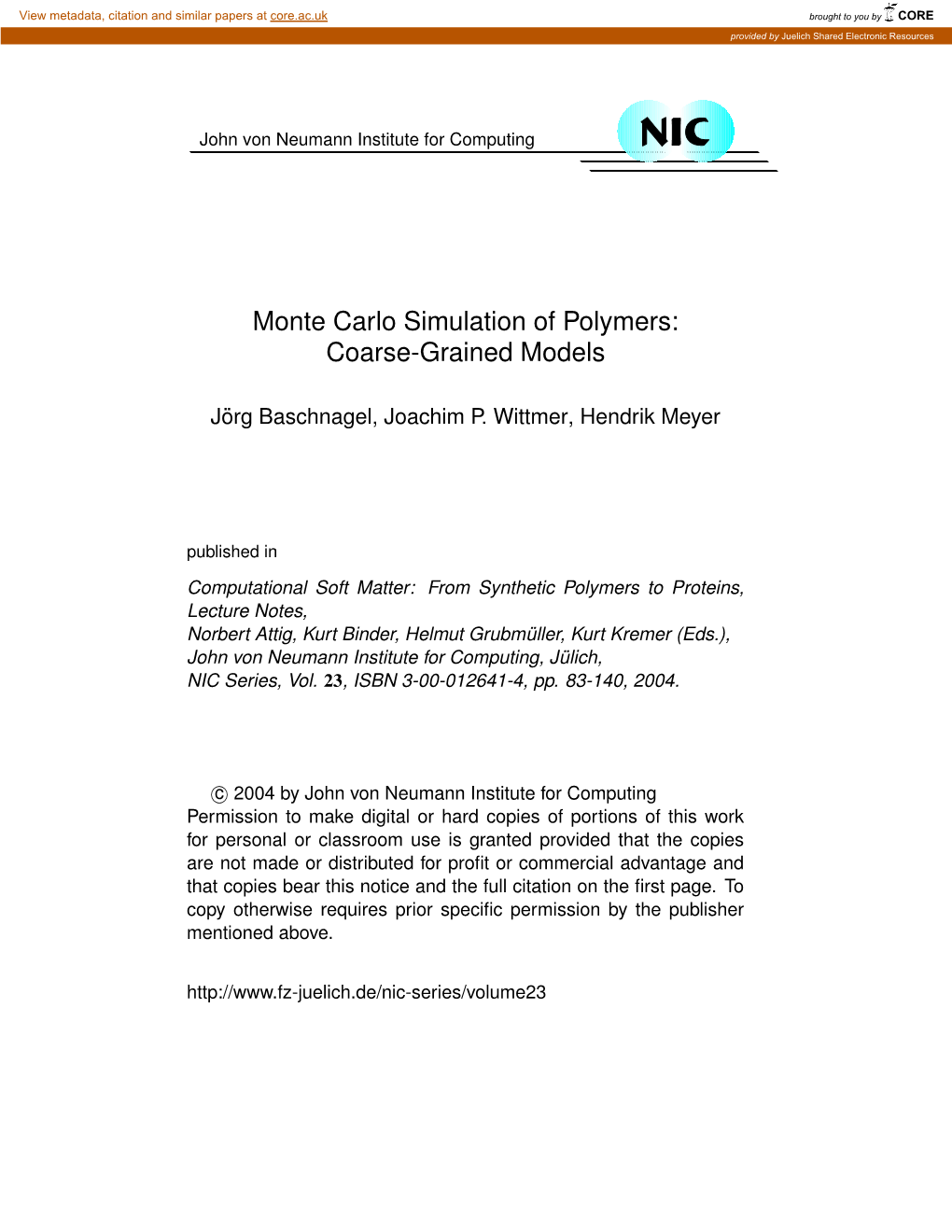 Monte Carlo Simulation of Polymers: Coarse-Grained Models