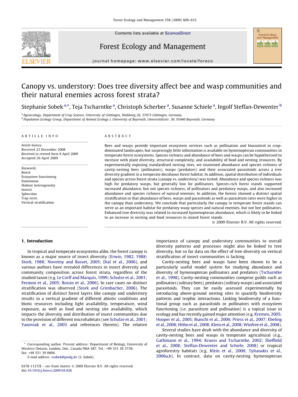 Canopy Vs. Understory: Does Tree Diversity Affect Bee and Wasp Communities and Their Natural Enemies Across Forest Strata? Fores