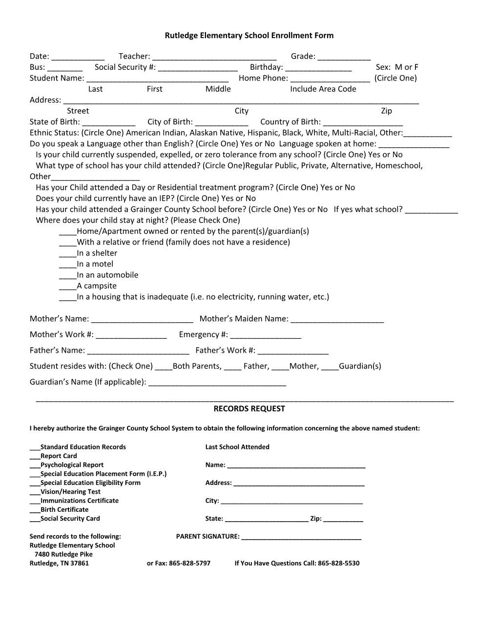 Rutledge Elementary School Enrollment Form