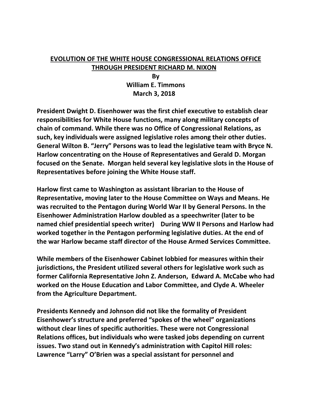 Evolution of the White House Congressional Relations Office Through President Richard M