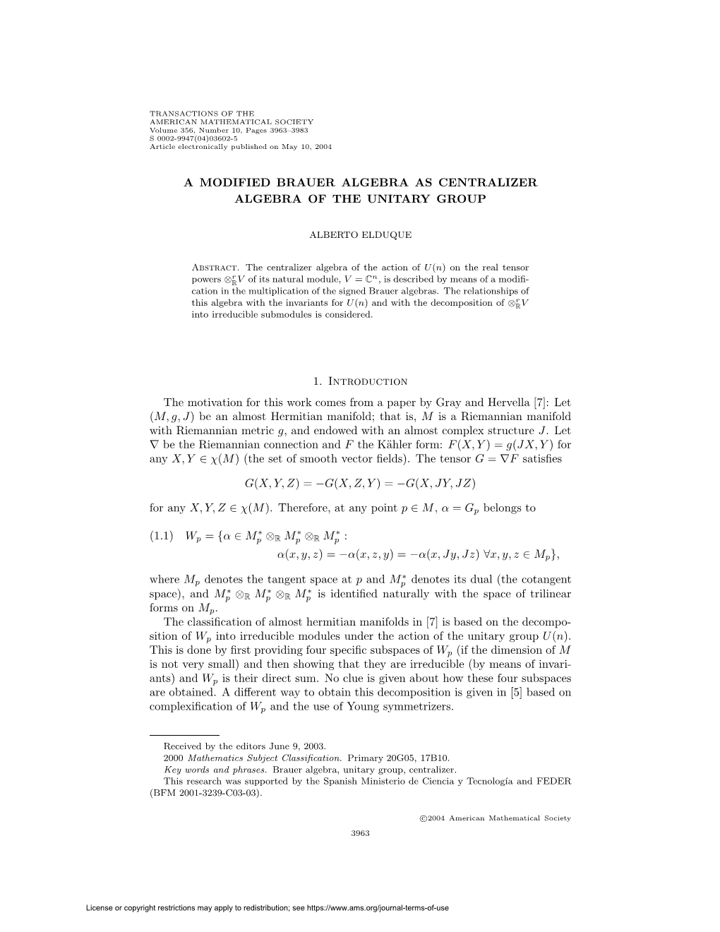 A Modified Brauer Algebra As Centralizer Algebra of the Unitary Group