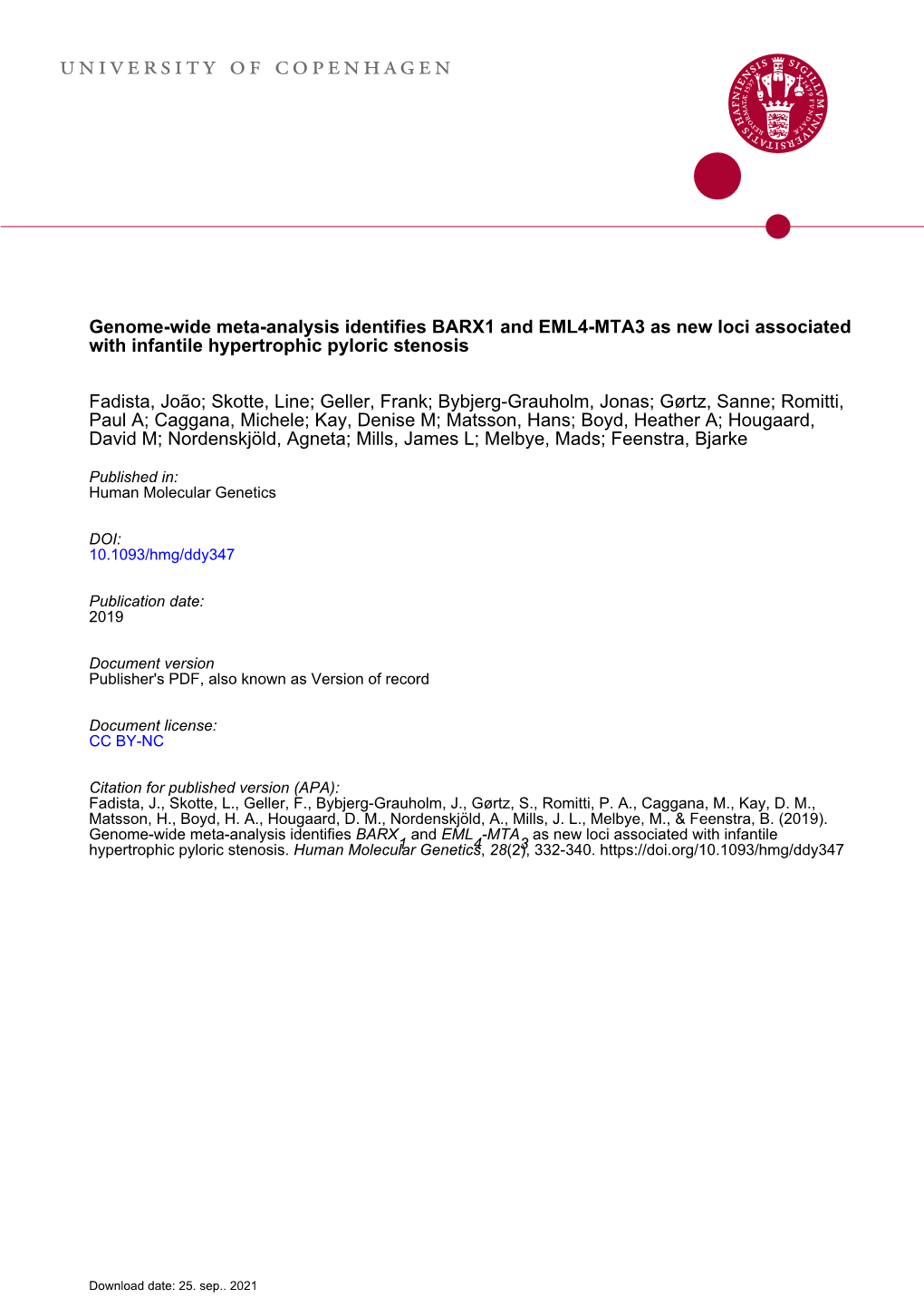 Genome-Wide Meta-Analysis Identifies BARX1 and EML4-MTA3 As New Loci Associated with Infantile Hypertrophic Pyloric Stenosis