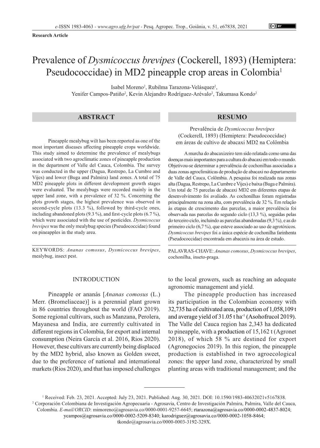 (Hemiptera: Pseudococcidae) in MD2 Pineapple Crop Areas in Colombia1