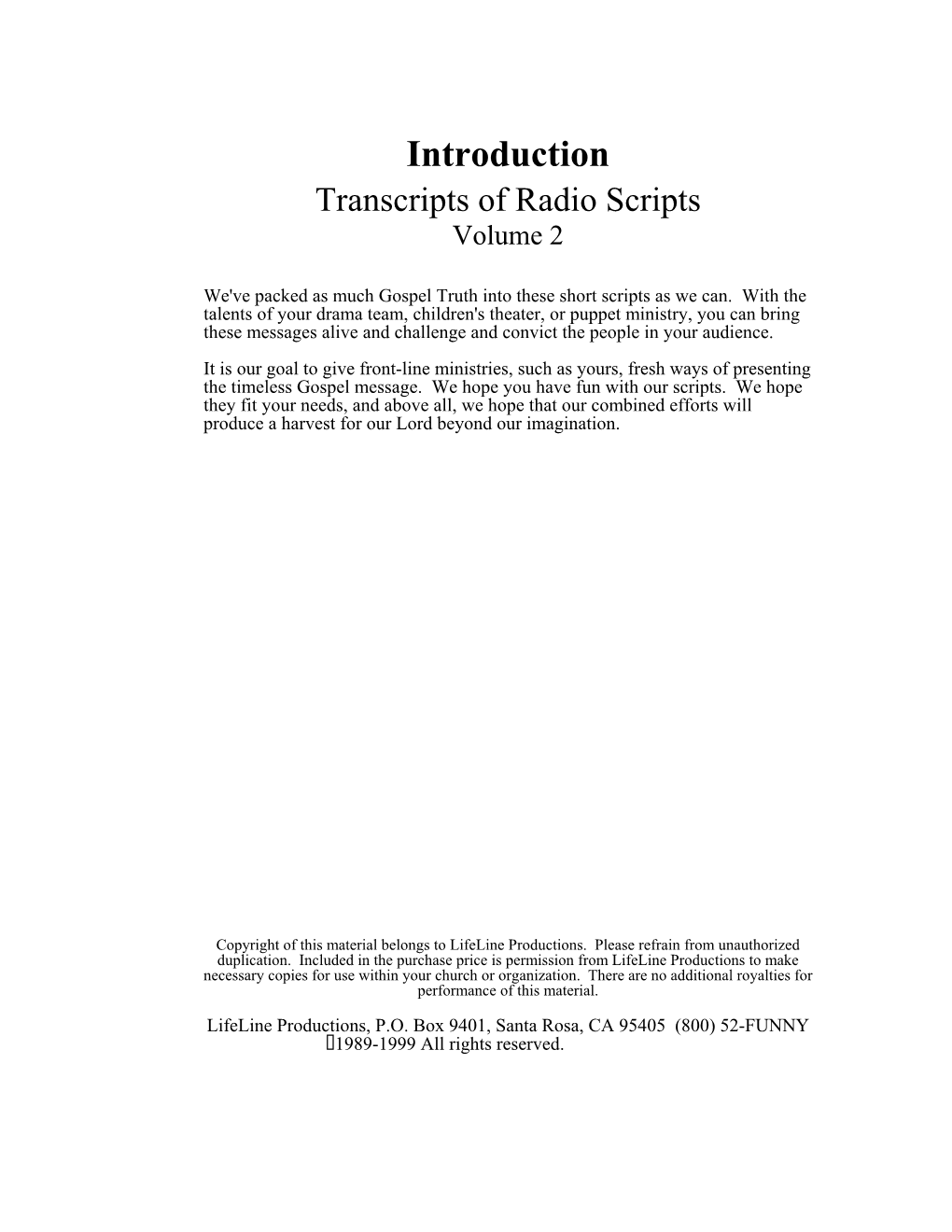 Introduction Transcripts of Radio Scripts Volume 2