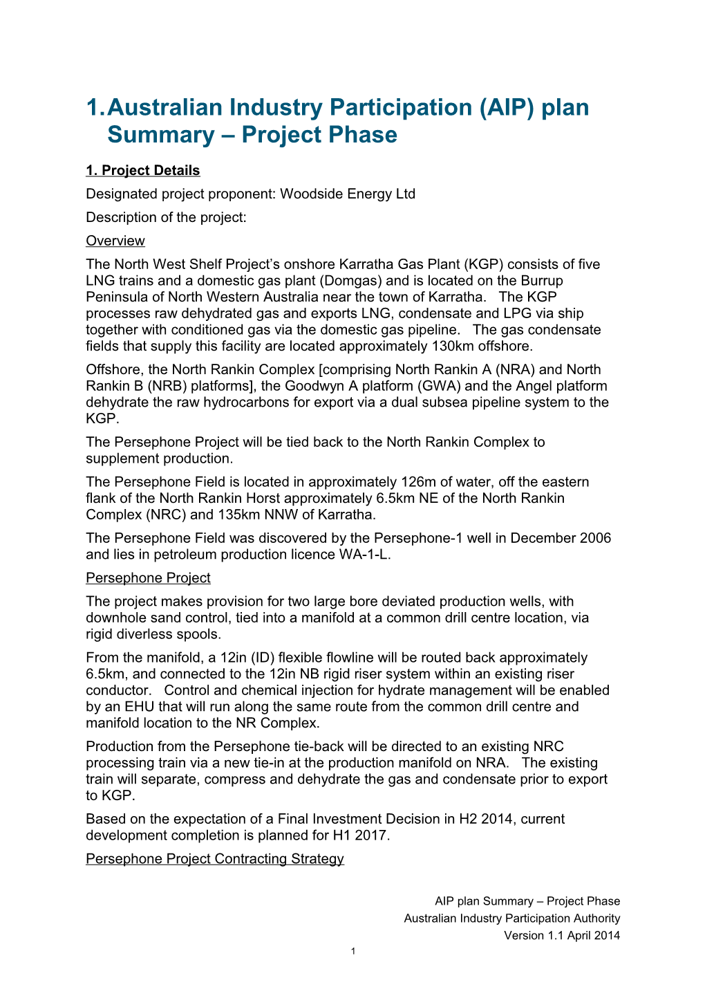 Woodside Energy Ltd - Persephone Project - AIP Plan Summary - Project Phase