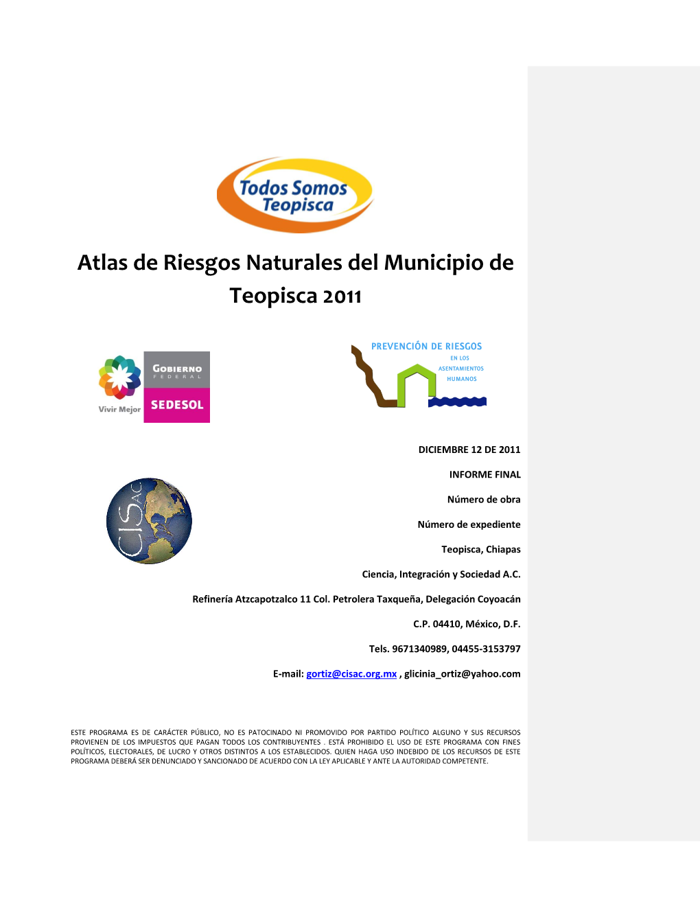 Atlas De Riesgos Naturales Del Municipio De Teopisca 2011