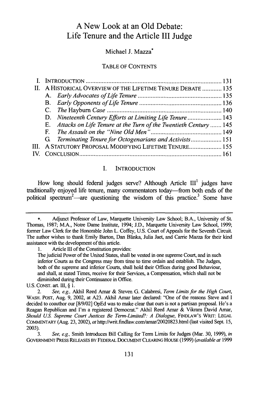 A New Look at an Old Debate: Life Tenure and the Article III Judge