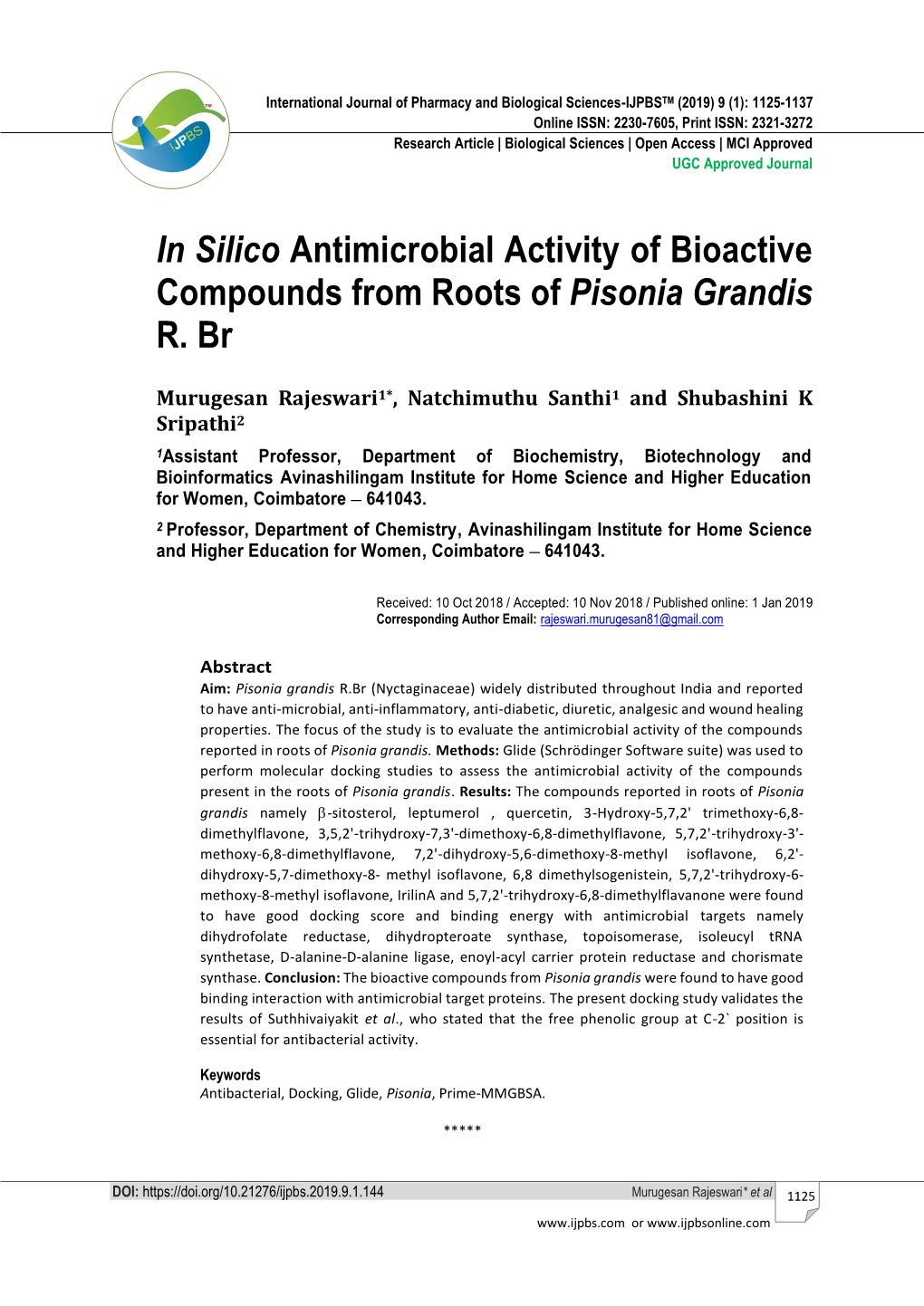 In Silico Antimicrobial Activity of Bioactive Compounds from Roots of Pisonia Grandis R