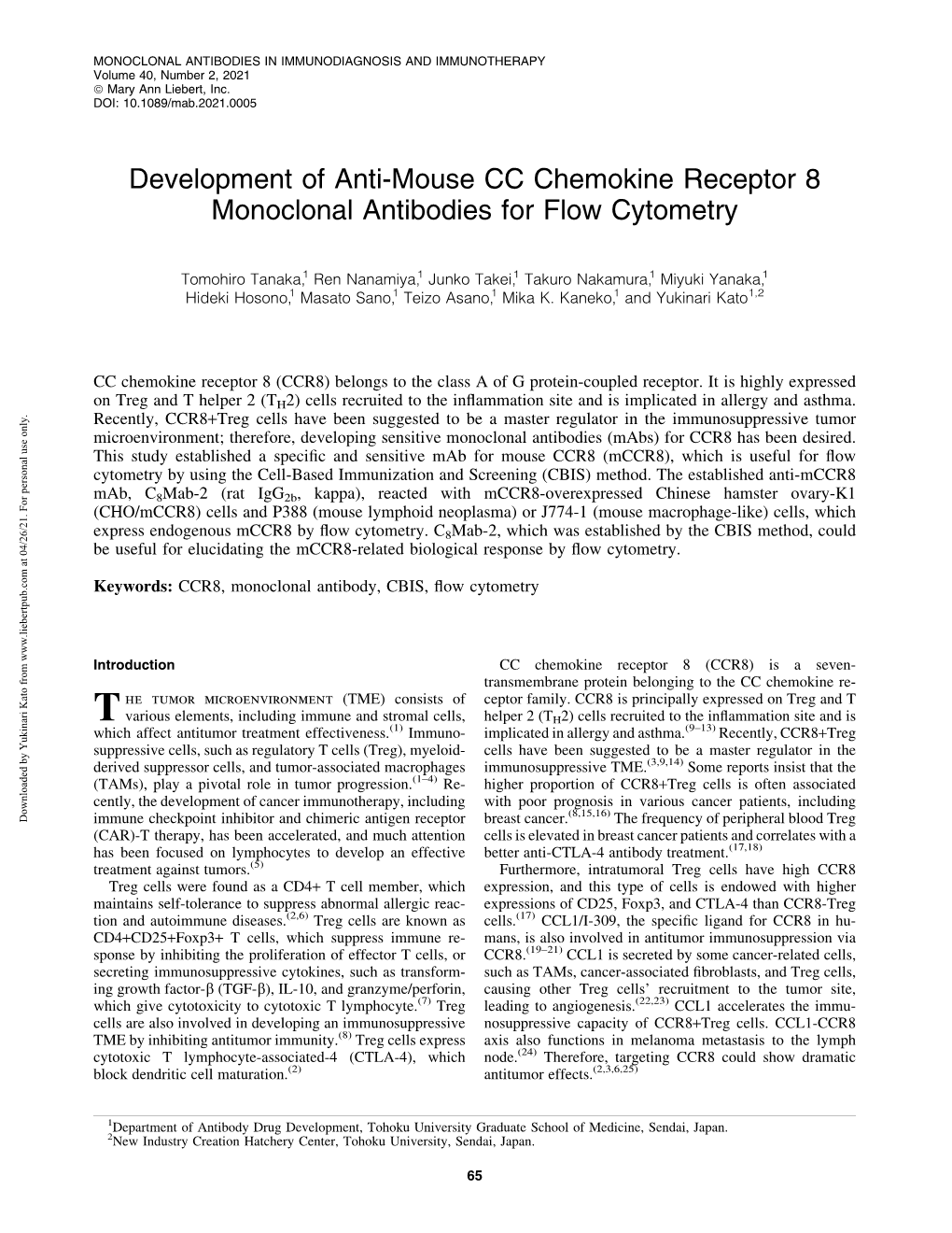 Development of Anti-Mouse CC Chemokine Receptor 8 Monoclonal Antibodies for Flow Cytometry