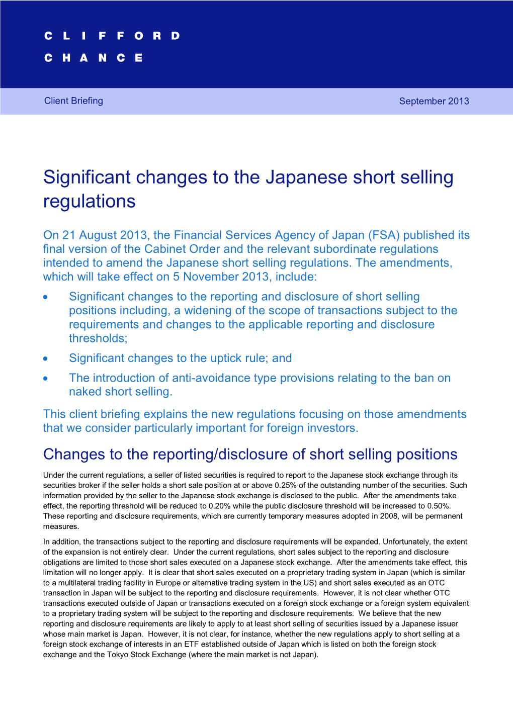 Significant Changes to the Japanese Short Selling Regulations