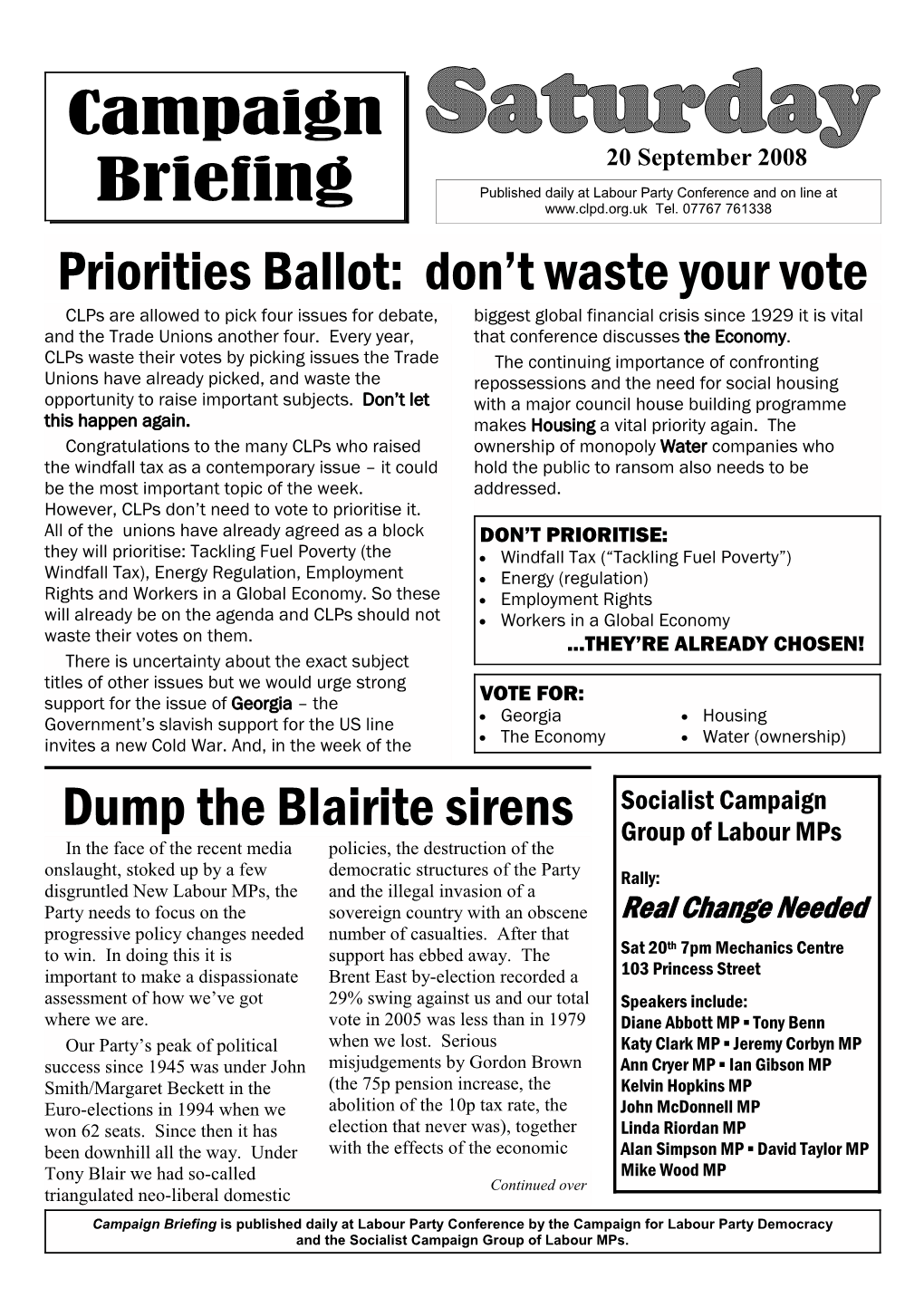 Campaign Briefing Priorities Ballot: Don't Waste Your Vote Dump The