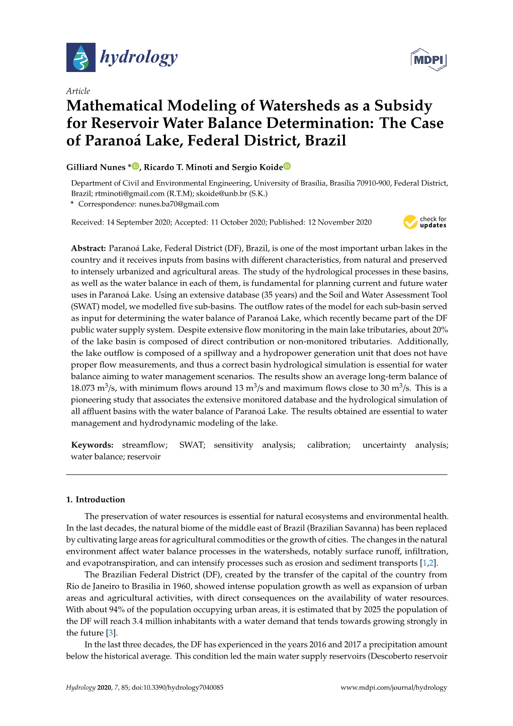 Mathematical Modeling of Watersheds As a Subsidy for Reservoir Water Balance Determination: the Case of Paranoá Lake, Federal District, Brazil