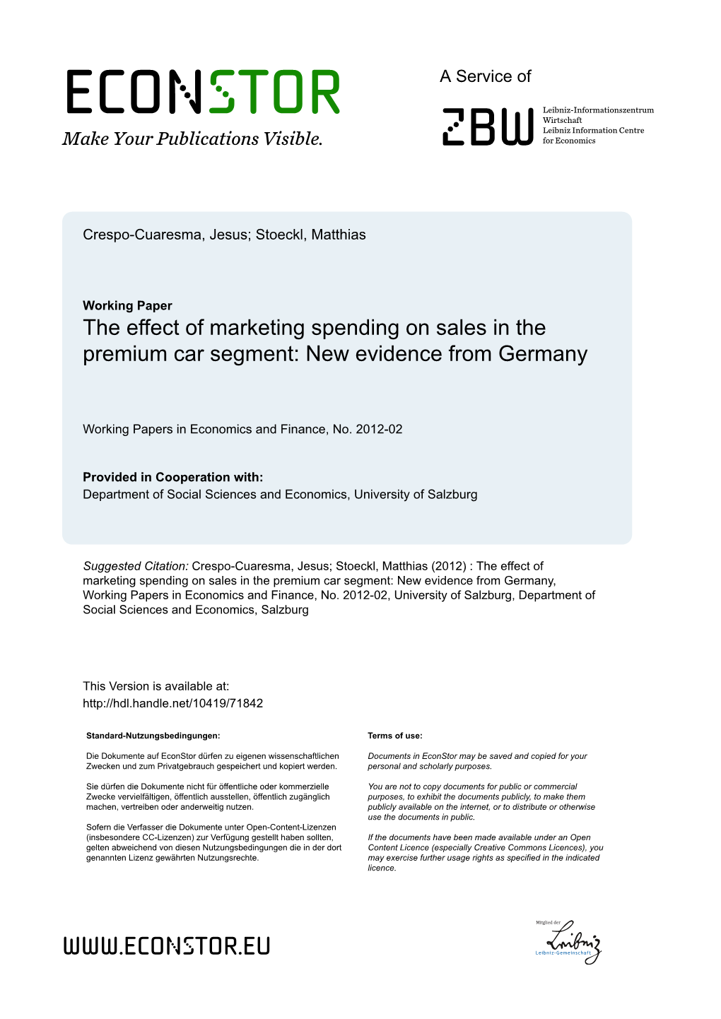 The Effect of Marketing Spending on Sales in the Premium Car Segment: New Evidence from Germany