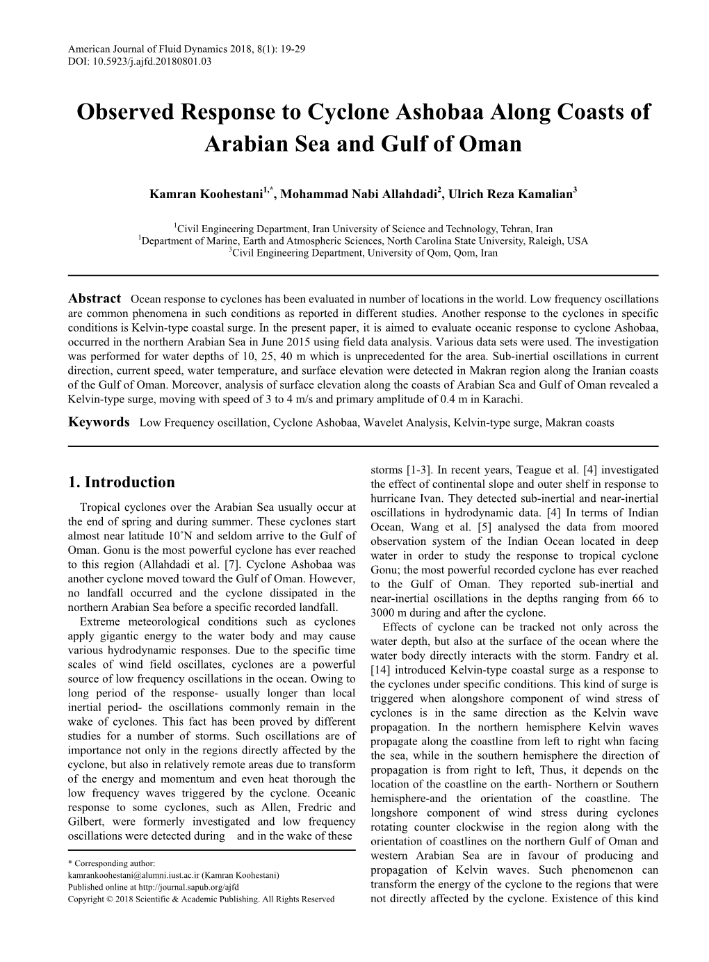 Low Frequency Oscillation, Cyclone Ashobaa, Wavelet Analysis, Kelvin-Type Surge, Makran Coasts