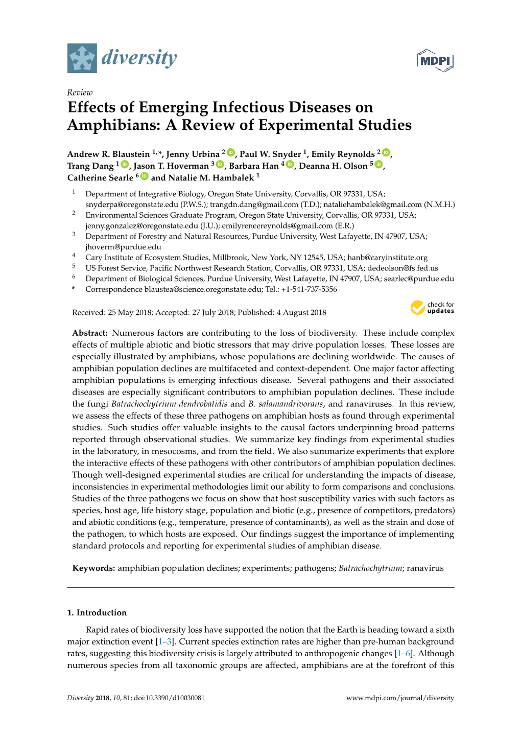 Effects of Emerging Infectious Diseases on Amphibians: a Review of Experimental Studies