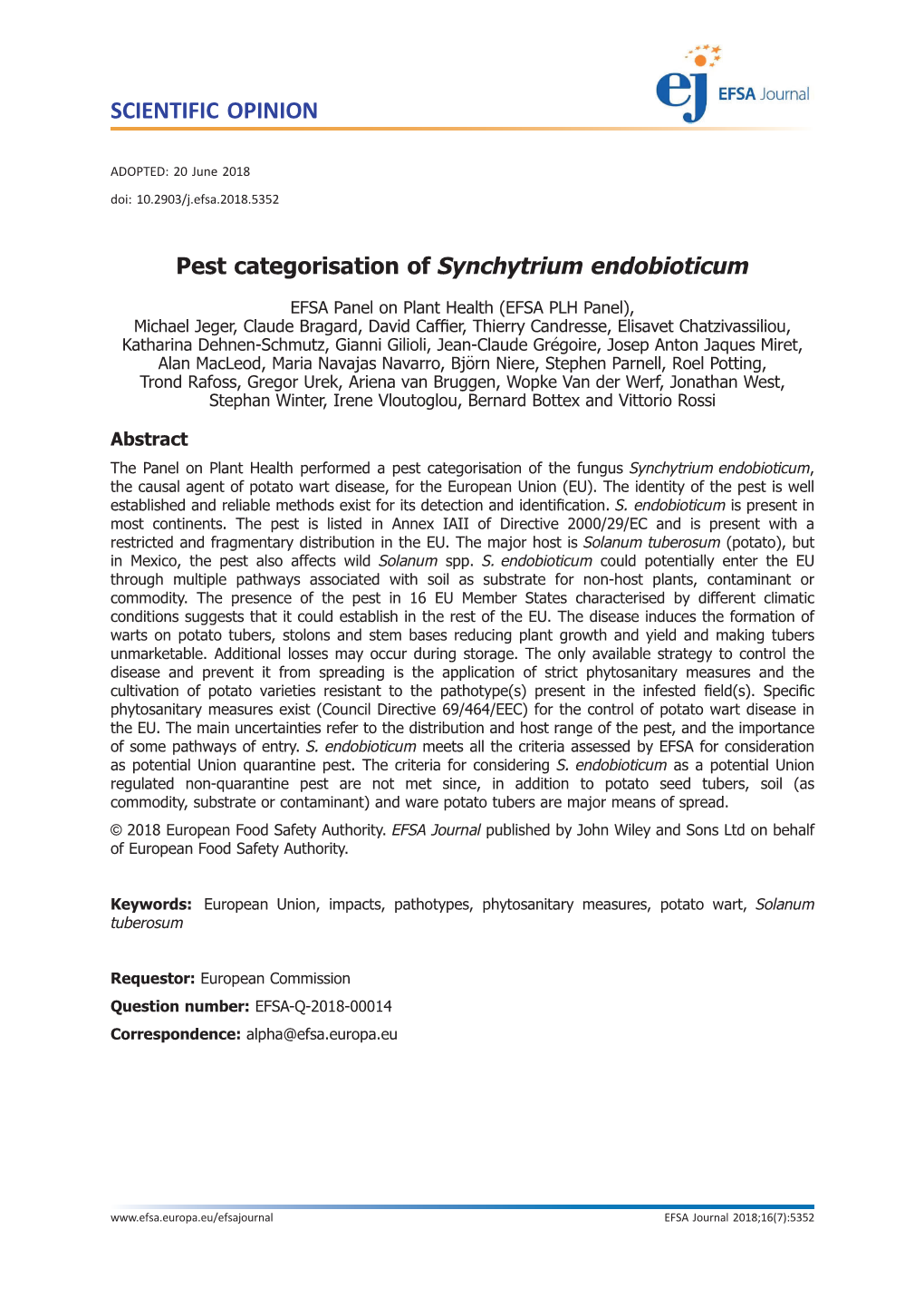 Pest Categorisation of Synchytrium Endobioticum