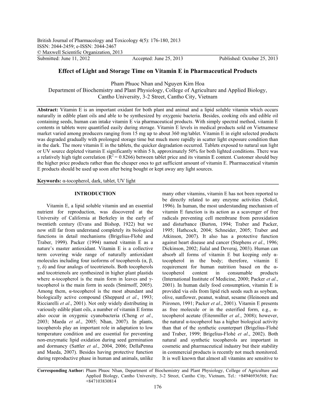 Effect of Light and Storage Time on Vitamin E in Pharmaceutical Products