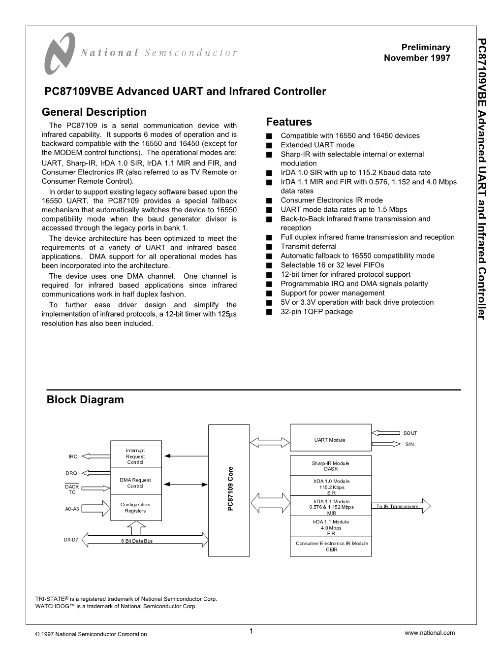 PC87109 Advanced UART and Infrared Controller