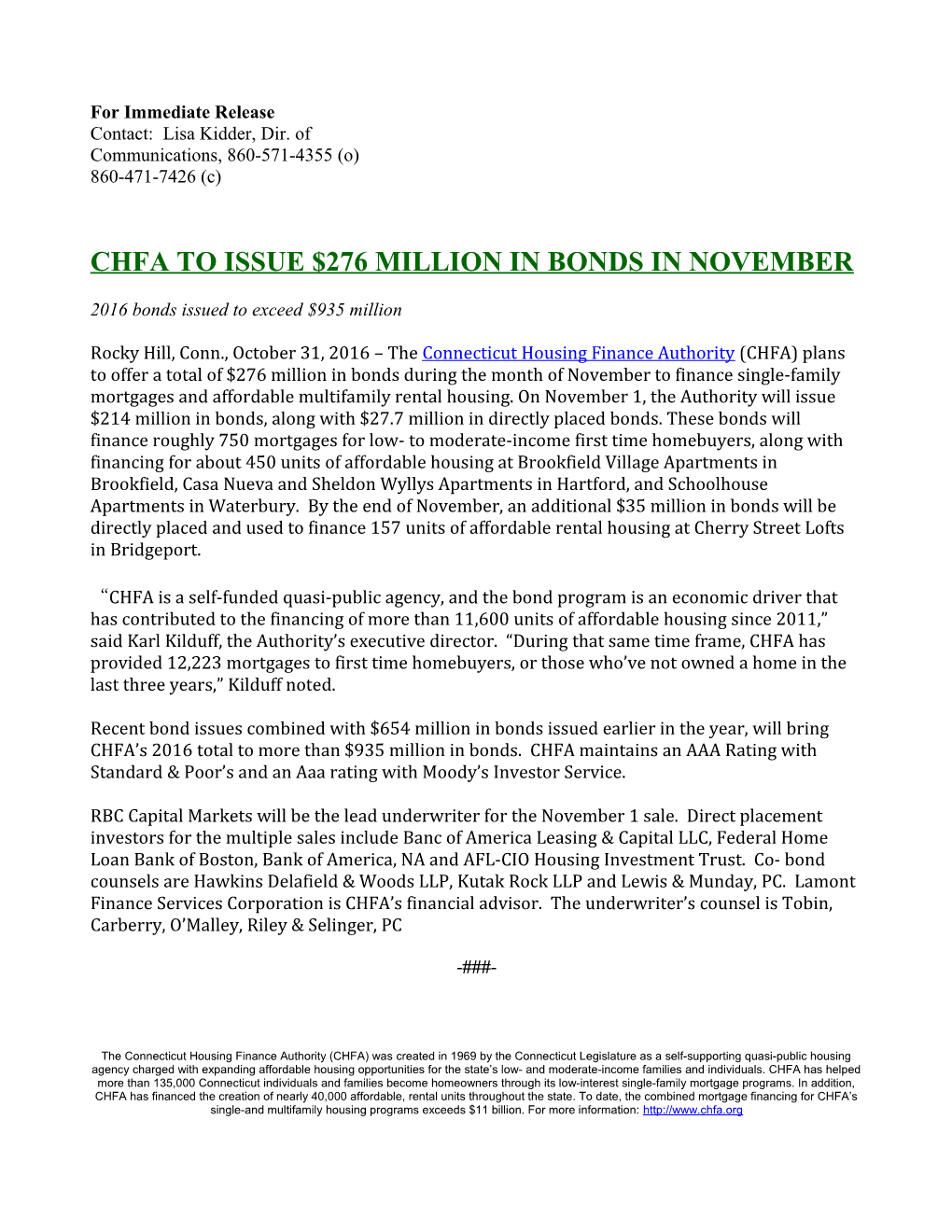 Chfa to Issue $276 Million in Bonds in November