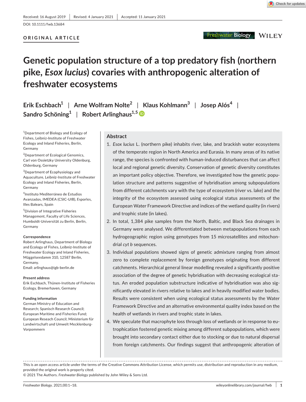 Northern Pike, Esox Lucius) Covaries with Anthropogenic Alteration of Freshwater Ecosystems