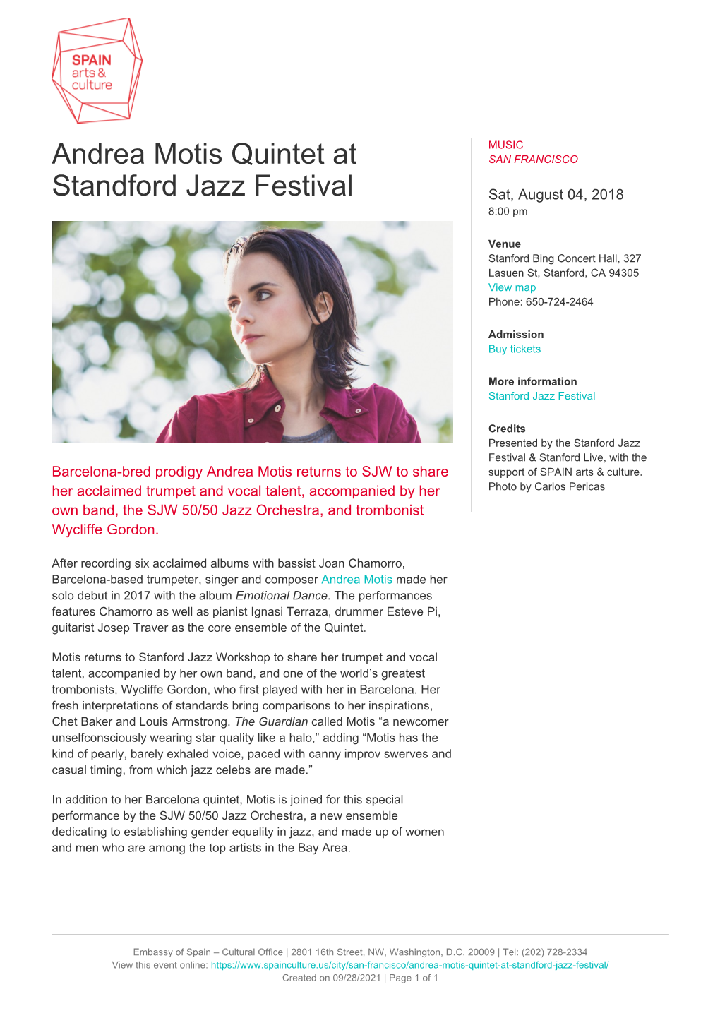 Andrea Motis Quintet at Standford Jazz Festival