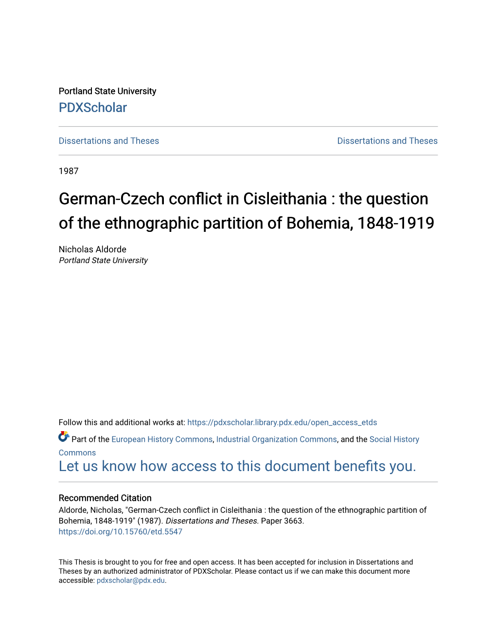 German-Czech Conflict in Cisleithania : the Question of the Ethnographic Partition of Bohemia, 1848-1919