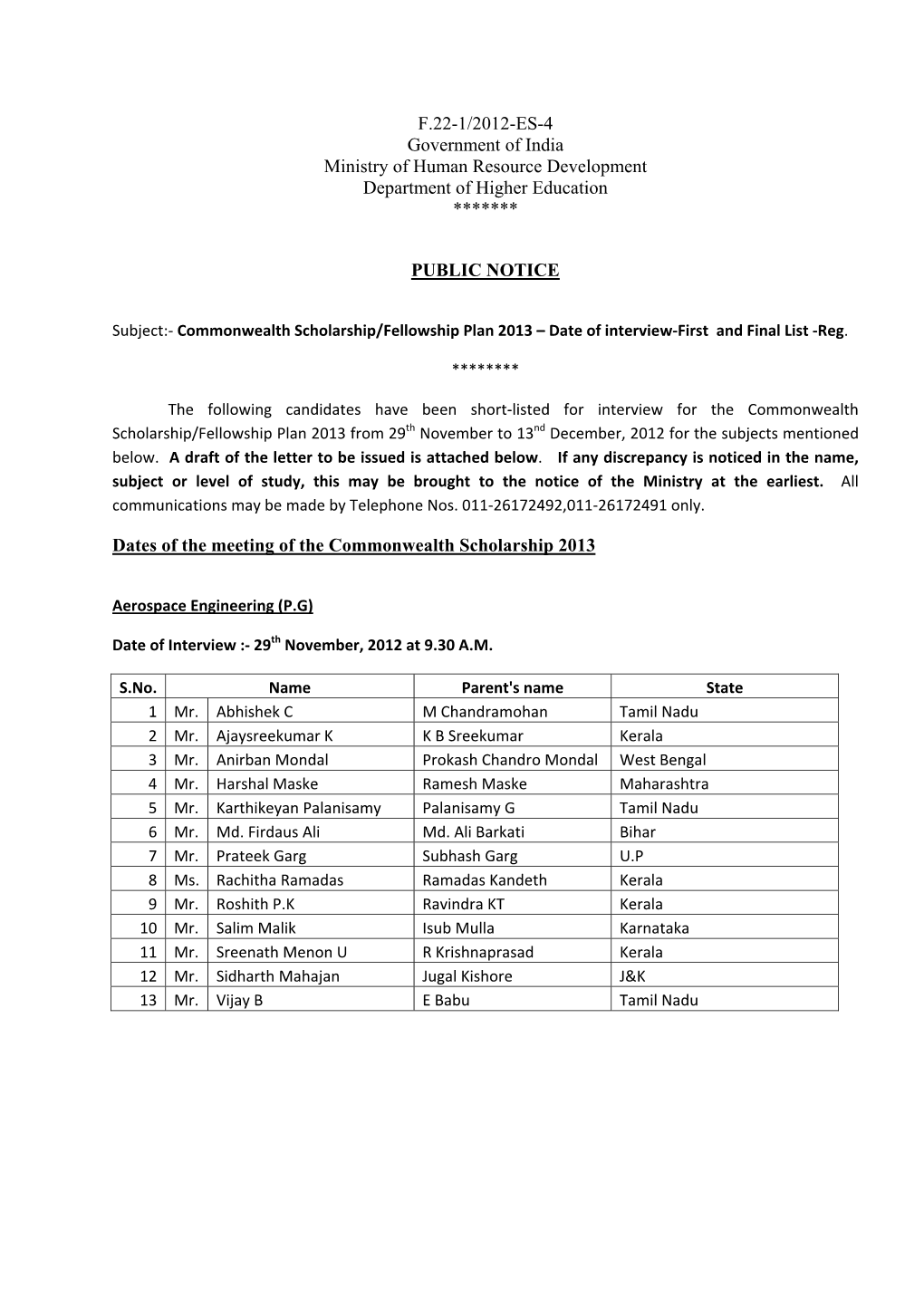 F.22-1/2012-ES-4 Government of India Ministry of Human Resource Development Department of Higher Education *******