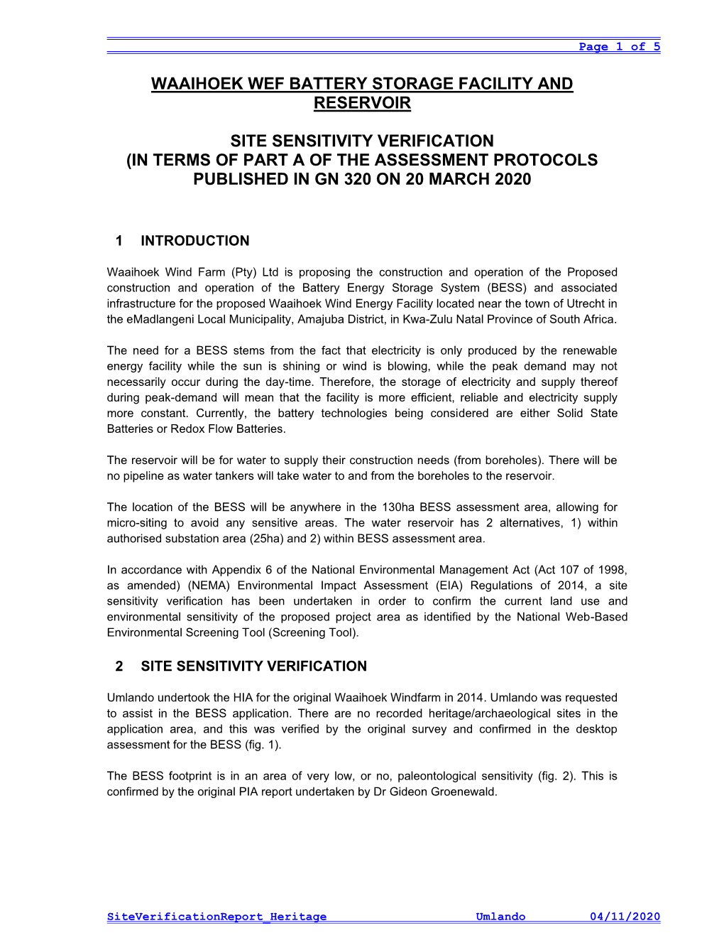 Waaihoek Wef Battery Storage Facility and Reservoir Site Sensitivity Verification (In Terms of Part a of the Assessment Protocol