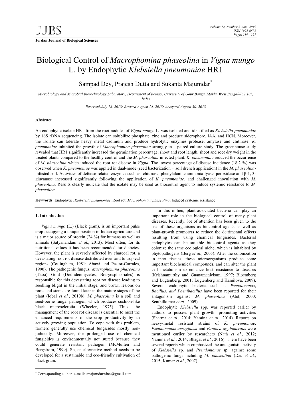 Biological Control of Macrophomina Phaseolina in Vigna Mungo L. by Endophytic Klebsiella Pneumoniae HR1