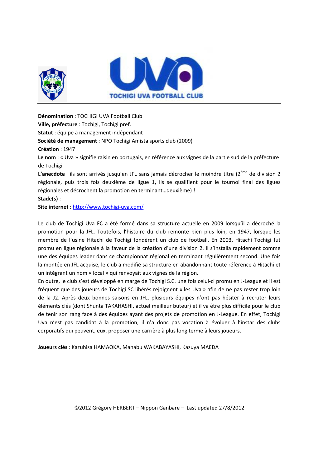 Tochigi Uva FC a Été Formé Dans Sa Structure Actuelle En 2009 Lorsqu’Il a Décroché La Promotion Pour La JFL