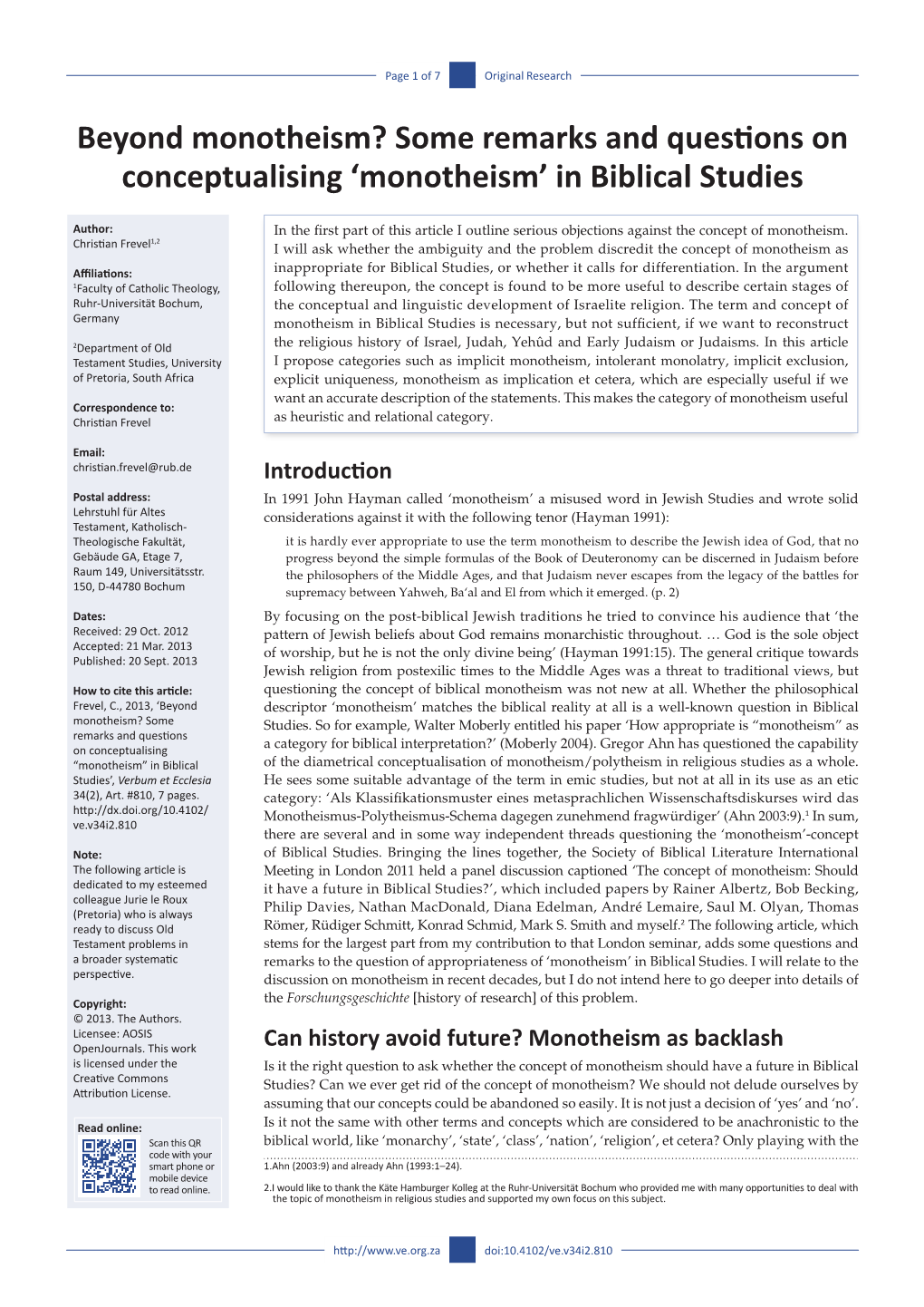 Monotheism? Some Remarks and Questions on Conceptualising ‘Monotheism’ in Biblical Studies