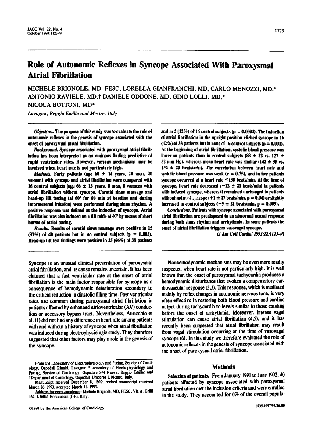 Role of Autonomic Reflexes in Syncope Associated with Paroxysmal Atrial Fibrillation