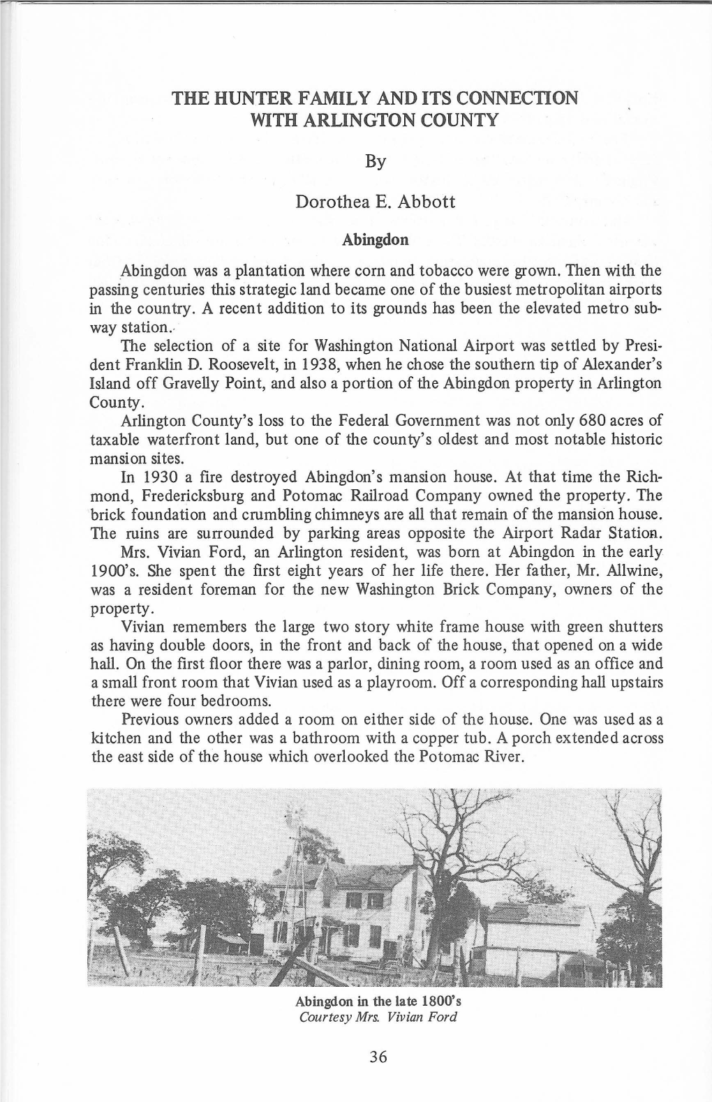 THE HUNTER FAMILY and ITS CONNECTION with ARLINGTON COUNTY Dorothea E. Abbott