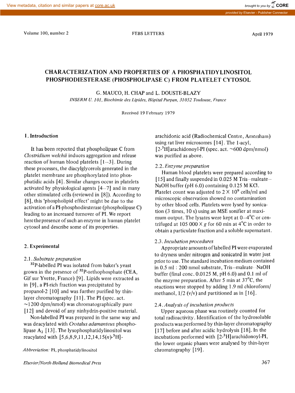 Characterization and Properties of a Phosphatidylinositol Phosphodiesterase (Phospholipase C) from Platelet Cytosol