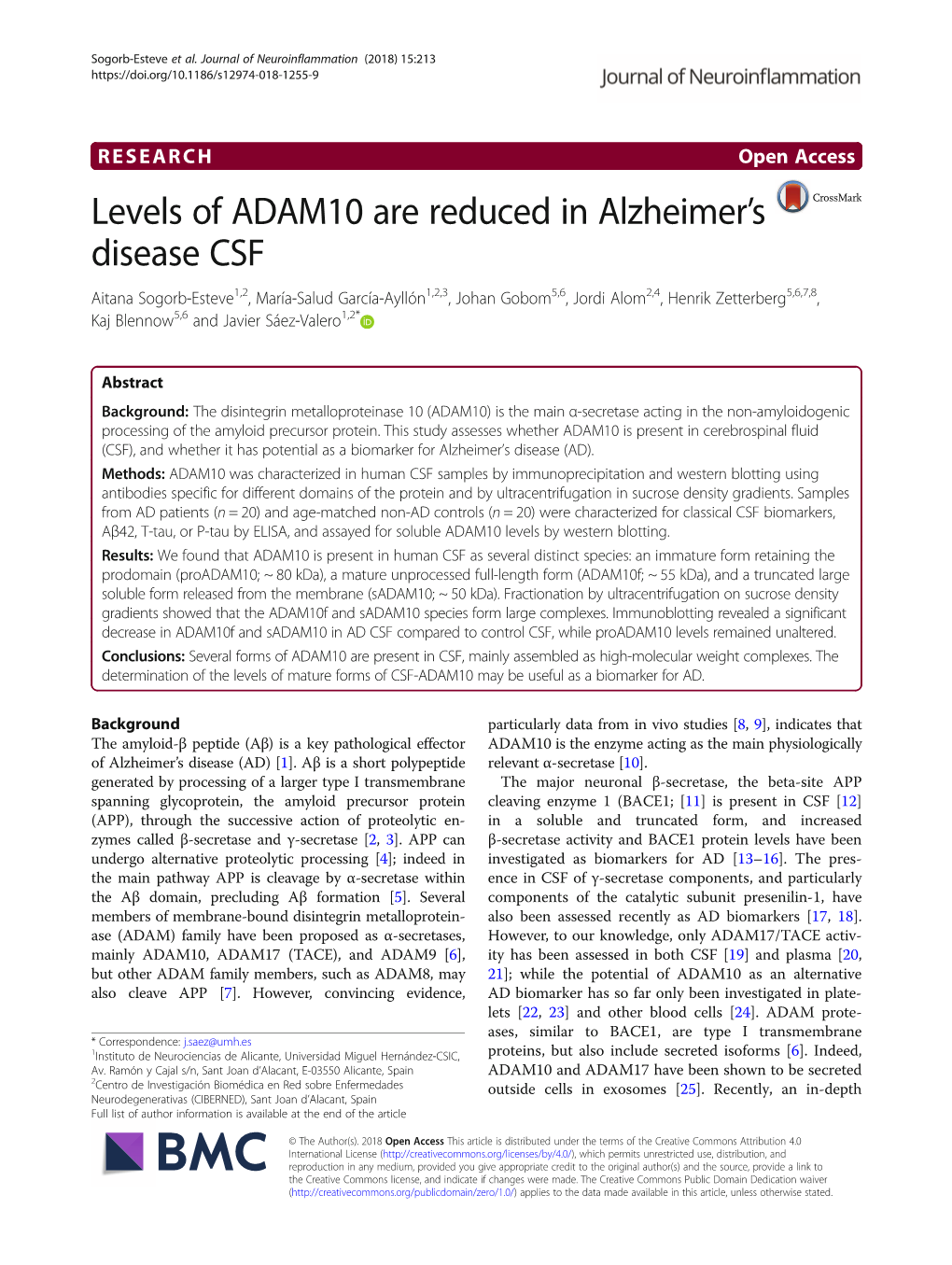 Levels of ADAM10 Are Reduced in Alzheimer's Disease