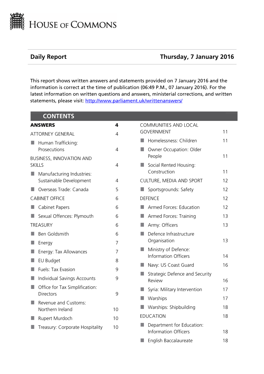 Daily Report Thursday, 7 January 2016 CONTENTS