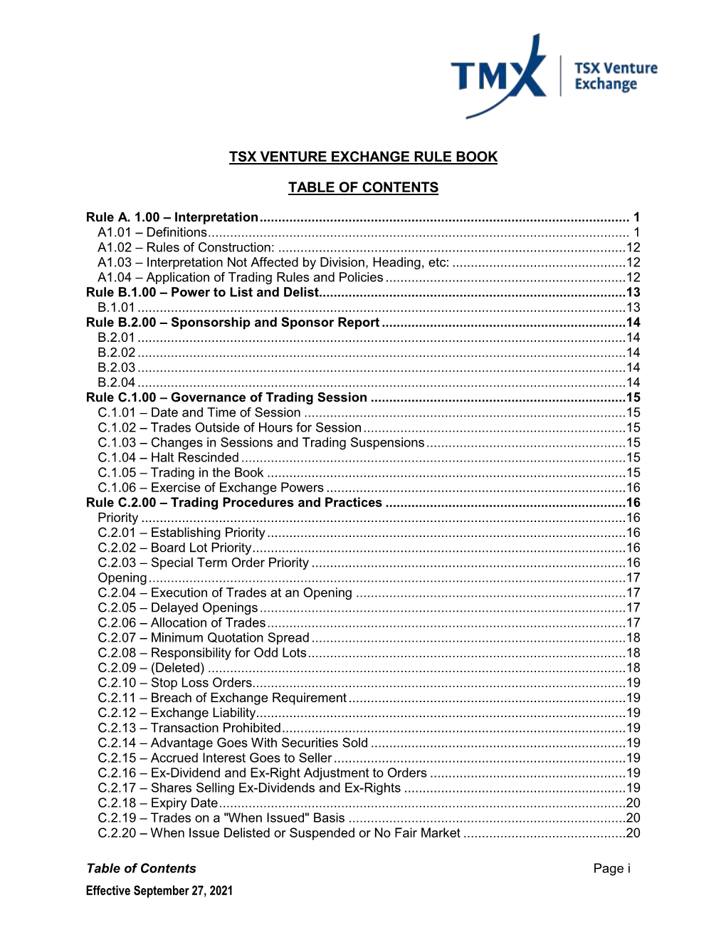 Tsx Venture Exchange Rule Book Table of Contents