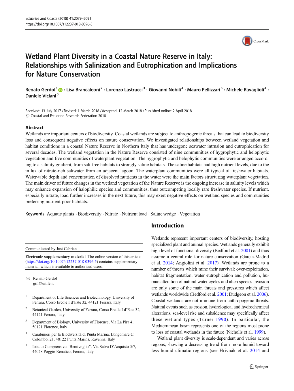 Wetland Plant Diversity in a Coastal Nature Reserve in Italy: Relationships with Salinization and Eutrophication and Implications for Nature Conservation