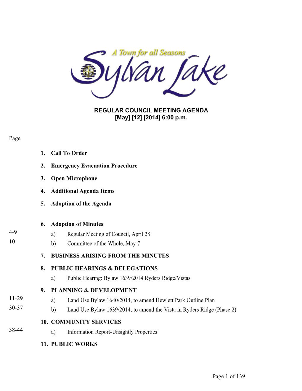 REGULAR COUNCIL MEETING AGENDA [May] [12] [2014] 6:00 P.M