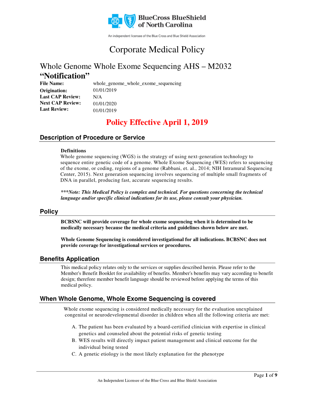 Corporate Medical Policy