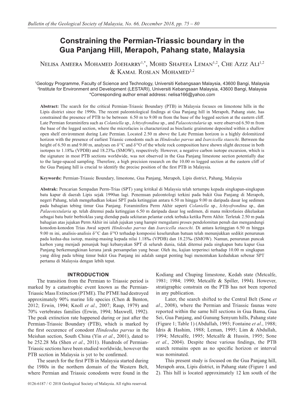 Constraining the Permian-Triassic Boundary in the Gua Panjang Hill