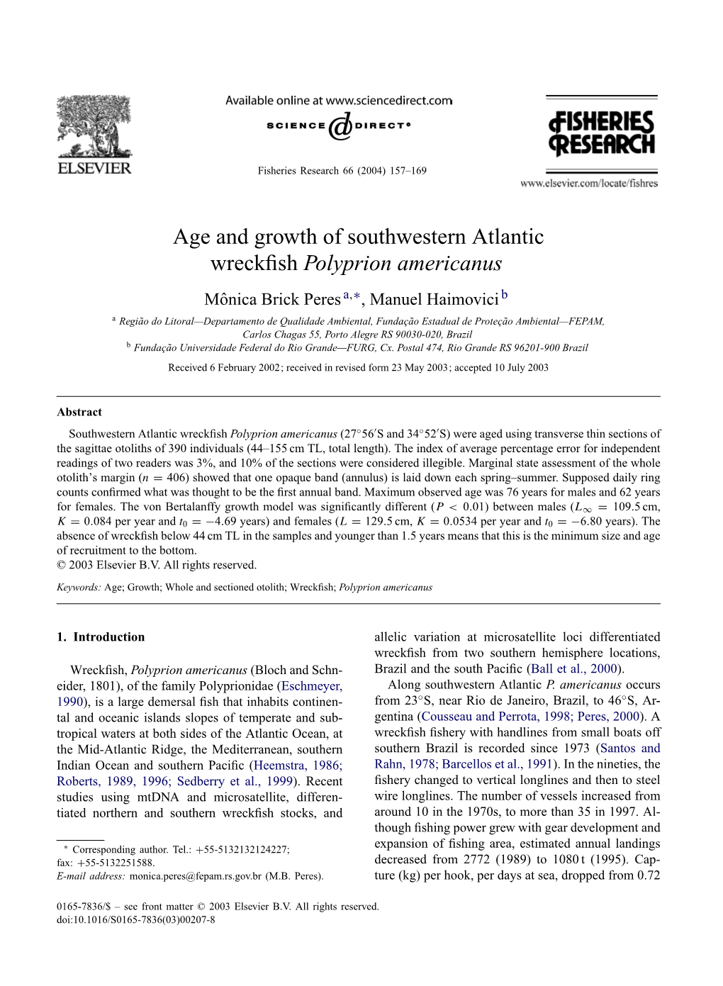 Age and Growth of Southwestern Atlantic Wreckfish Polyprion