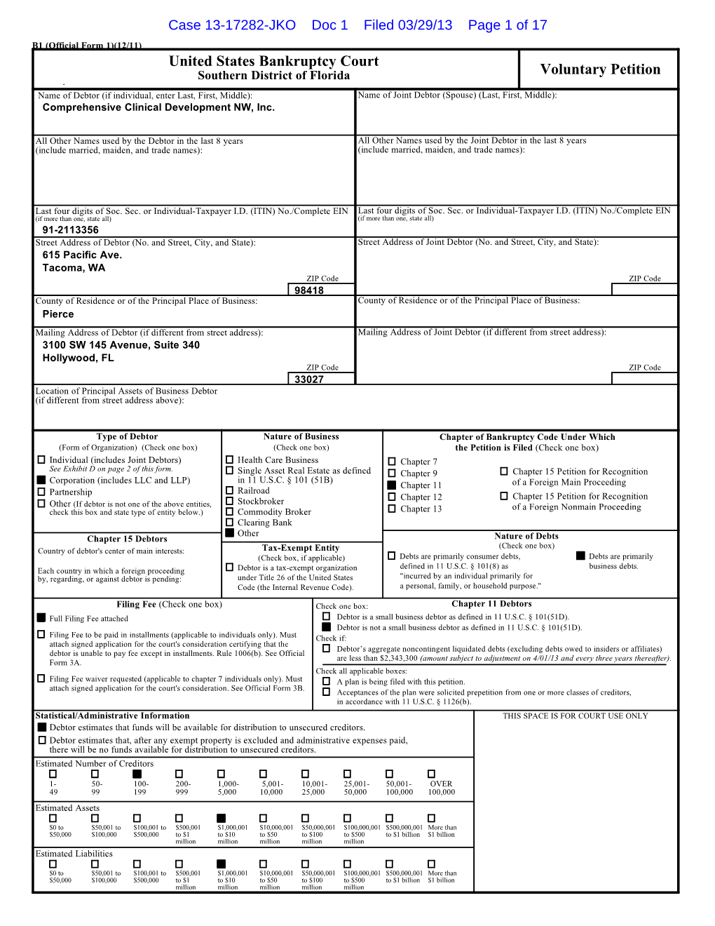 13-17282-JKO Doc 1 Filed 03/29/13 Page 1 of 17 B1 (Official Form 1)(12/11) United States Bankruptcy Court Southern District of Florida Voluntary Petition