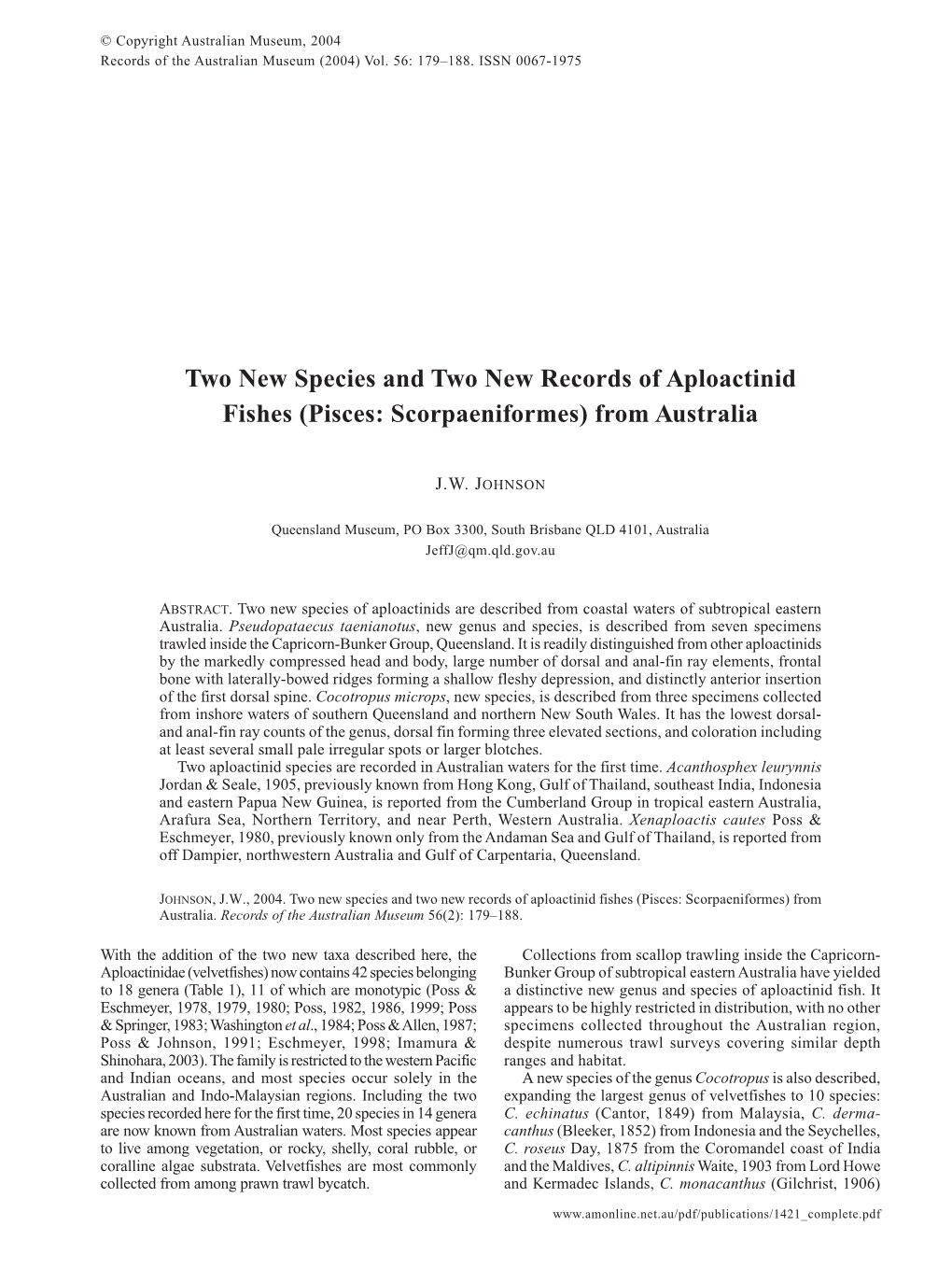 Two New Species and Two New Records of Aploactinid Fishes (Pisces: Scorpaeniformes) from Australia