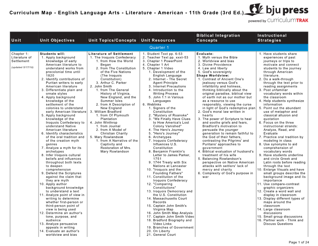 Curriculum Map - English Language Arts - Literature - American - 11Th Grade (3Rd Ed.)