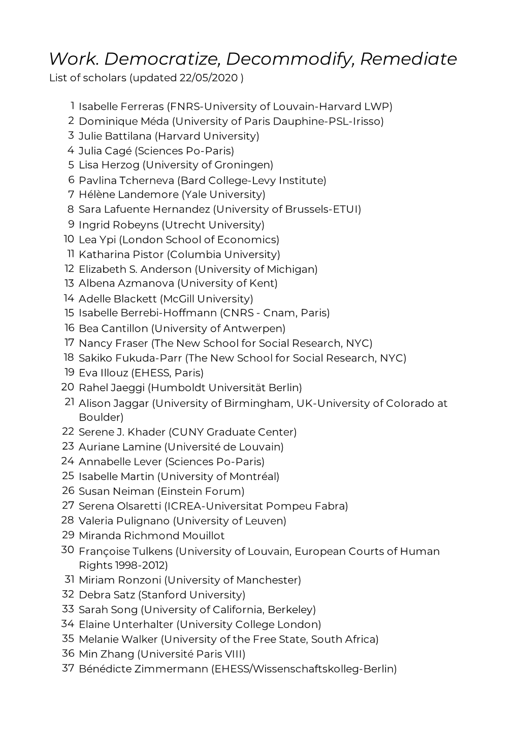 Work. Democratize, Decommodify, Remediate List of Scholars (Updated 22/05/2020 )