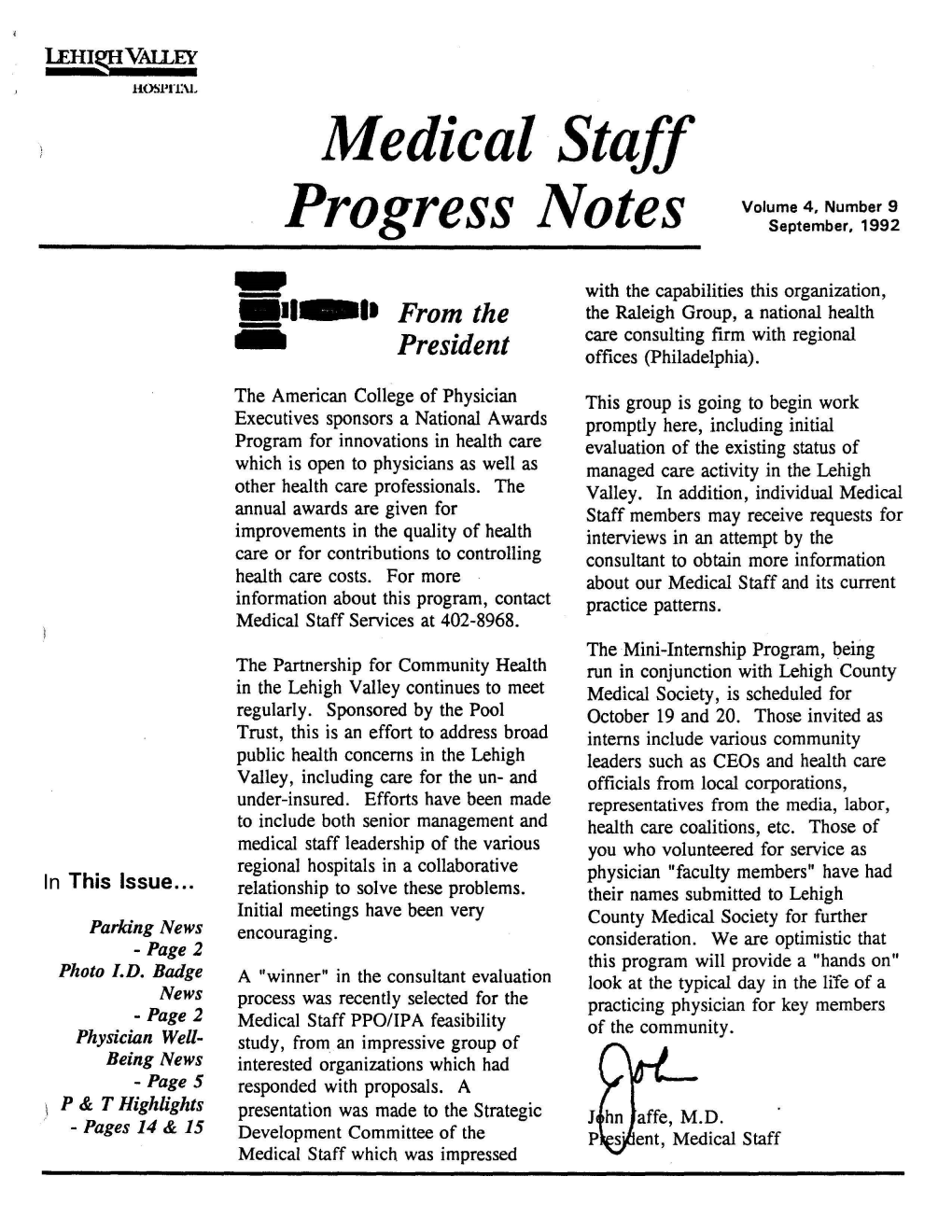 Progress Notes September, 1992