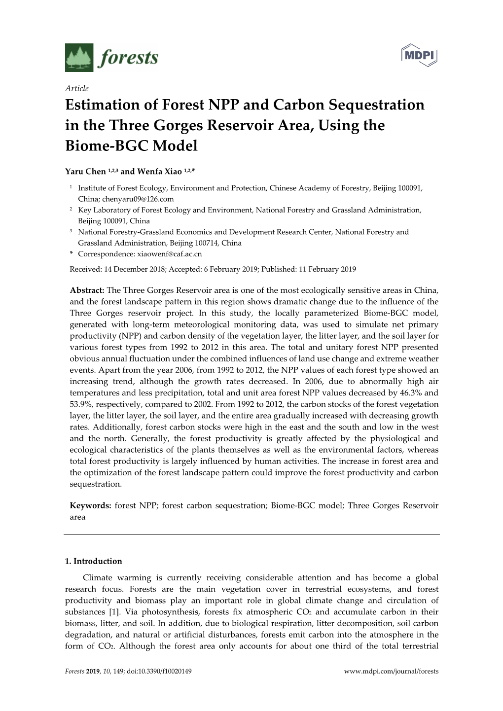 Estimation of Forest NPP and Carbon Sequestration in the Three Gorges Reservoir Area, Using the Biome-BGC Model