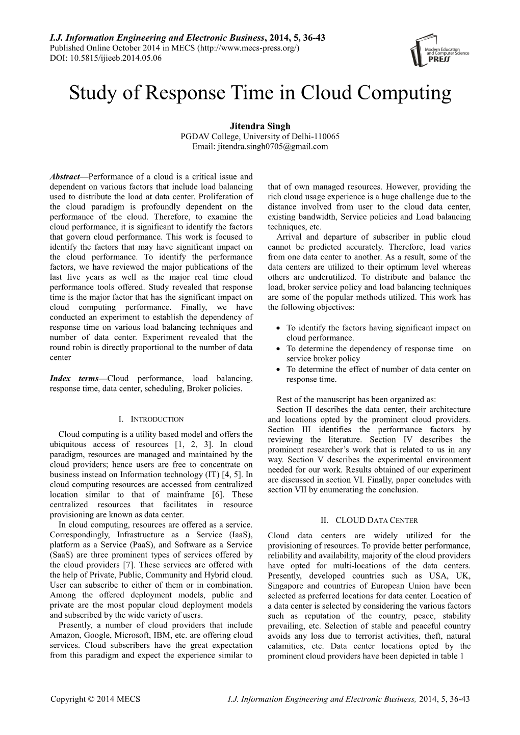 Study of Response Time in Cloud Computing