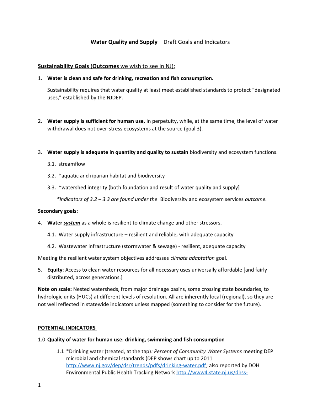 Water Quality and Supply Draft Goals and Indicators